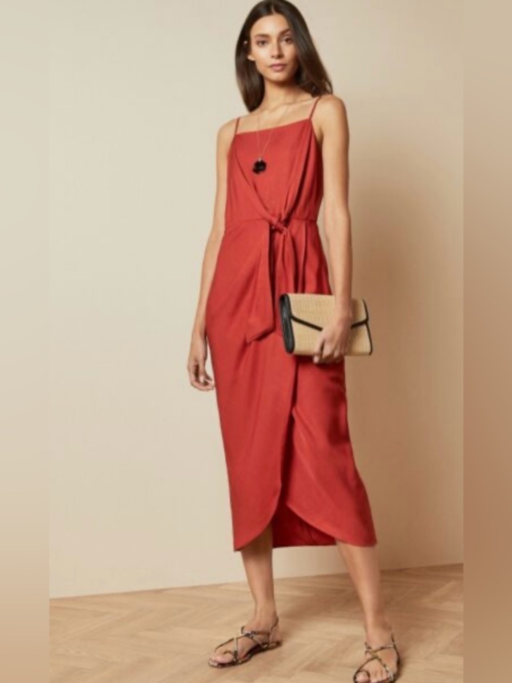 Ted Baker Rust Red Spaghetti Strap Midi Dress with Waist Laani Integral Knotted